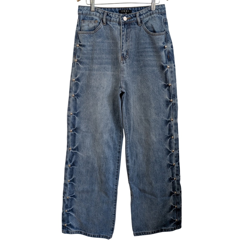 Fore Studded Wide Leg Jeans M Blue High Rise Embellished Edgy Streetwear Boho
